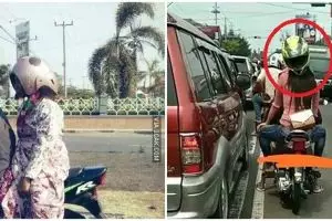 11 Potret lucu emak-emak pakai helm kebalik, bikin ketawa