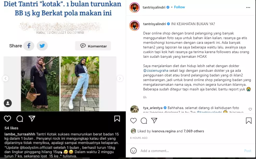 Tantri Kotak jengkel namanya dicatut oknum obat pelangsing Instagram