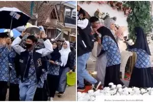 Momen rombongan siswa hadiri nikahan guru, kado nyeleneh jadi sorotan