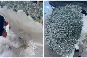 Aksi pria bawa buket raksasa untuk seserahan, isinya uang Rp 68 juta