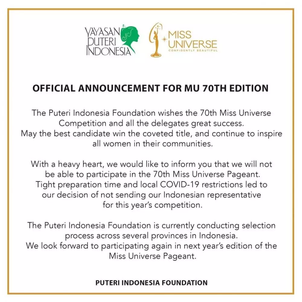 Indonesia absen dari Miss Universe 2021 di Israel © 2021 brilio.net Indonesia absen dari Miss Universe 2021 di Israel © 2021 brilio.net