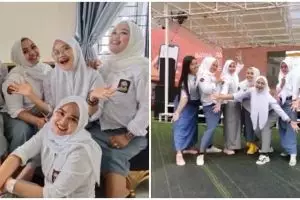 Aksi emak-emak kompak pakai seragam SMA di depan umum, jadi sorotan