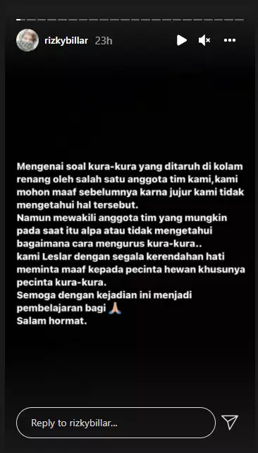 Rizky Billar minta maaf soal kura-kura Instagram