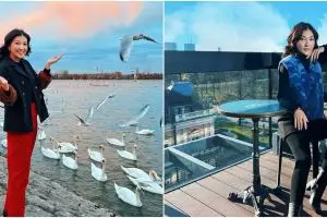 13 Gaya Sarwendah liburan di Serbia, kenakan daster di tengah salju