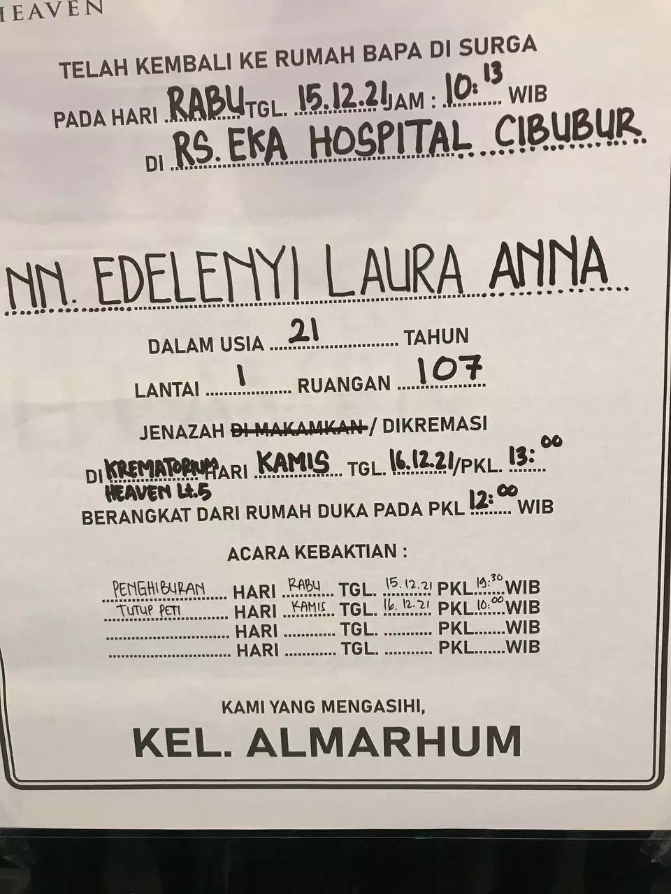 Laura Anna dikremasi © 2021 brilio.net