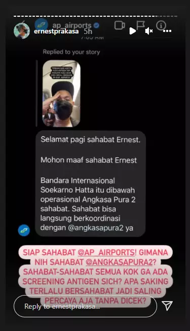 Ernest Prakasa beri sindiran pedas pada petugas bandara Instagram