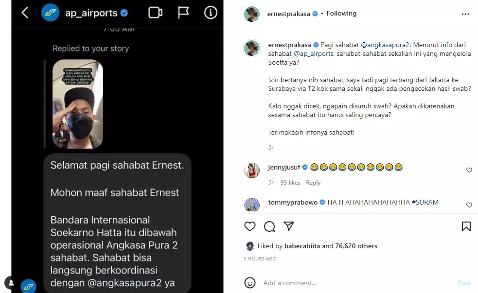Ernest Prakasa beri sindiran pedas pada petugas bandara Instagram