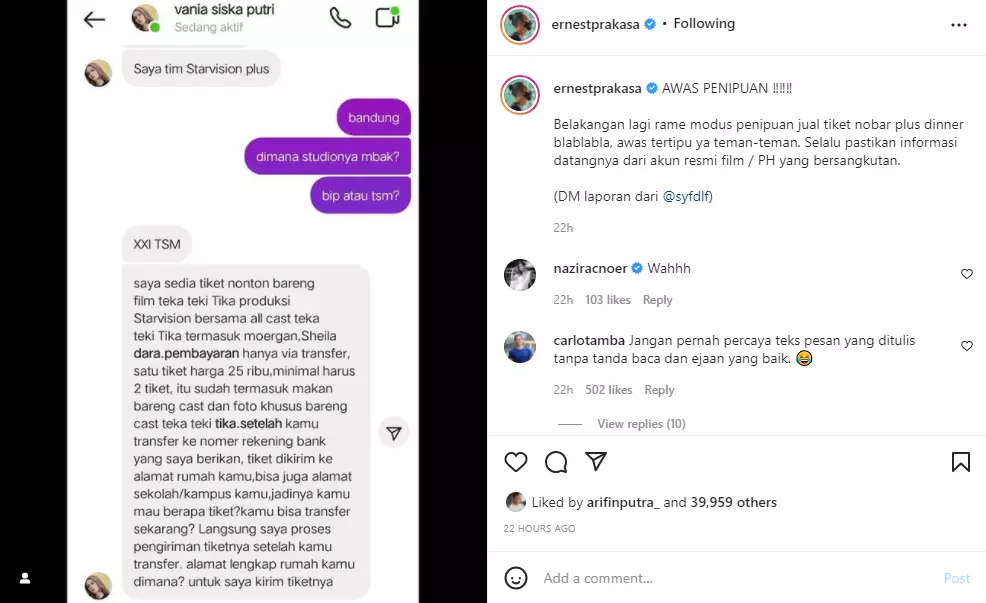 Film baru Ernest Prakasa dijadikan modus penipuan Instagram Film baru Ernest Prakasa dijadikan modus penipuan Instagram