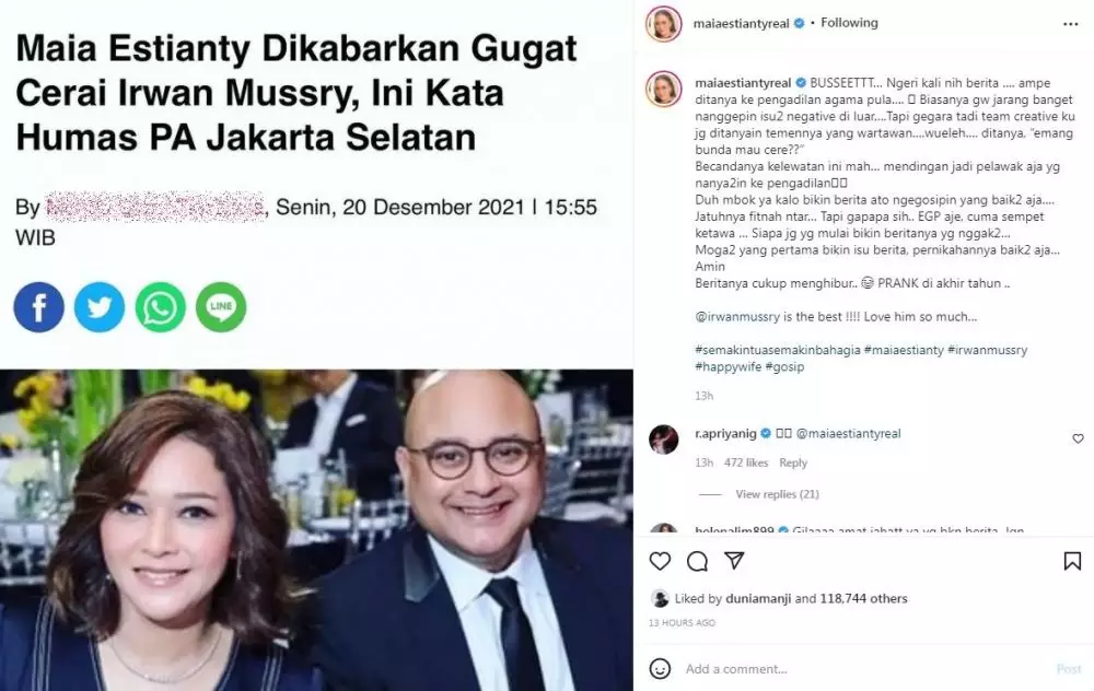 Maia Estianty dikabarkan gugat cerai Irwan Mussry Instagram