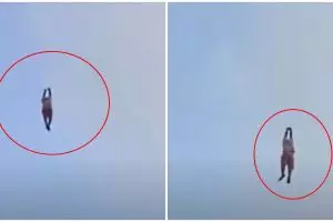 Detik-detik pria dibawa terbang layang-layang raksasa hingga 9 meter