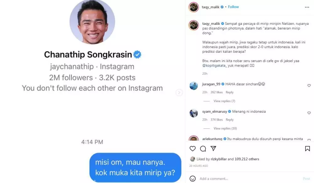 Potret bukti kemiripan Taqy Malik dan kapten tim Thailand Instagram Potret bukti kemiripan Taqy Malik dan kapten tim Thailand Instagram