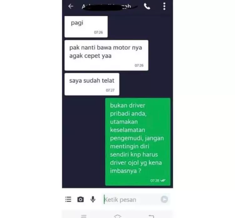 chat alasan driver ojek online disuruh cepat © Instagram