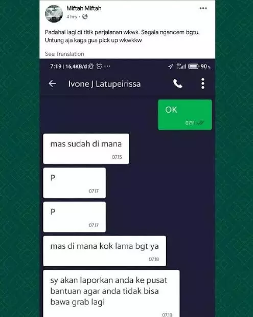 chat alasan driver ojek online disuruh cepat © Instagram