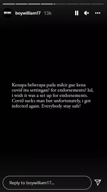 Boy William positif Covid-19 kedua kalinya © Instagram