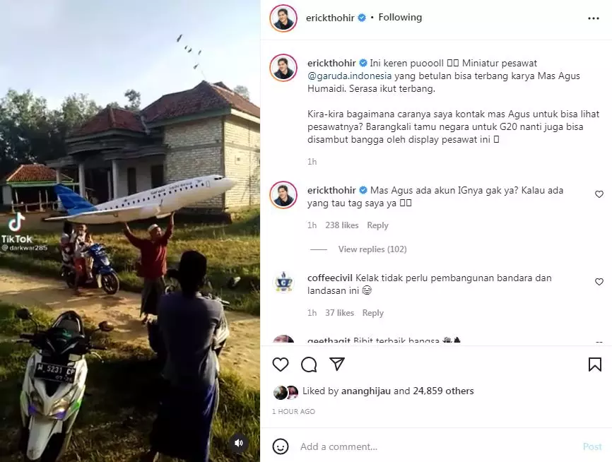 Erick Thohir cari sosok pembuat miniatur pesawat Garuda Indonesia Instagram