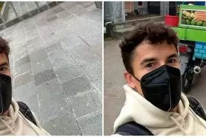 9 Editan foto Marc Marquez tiba di Lombok, selfie sama gerobak rujak