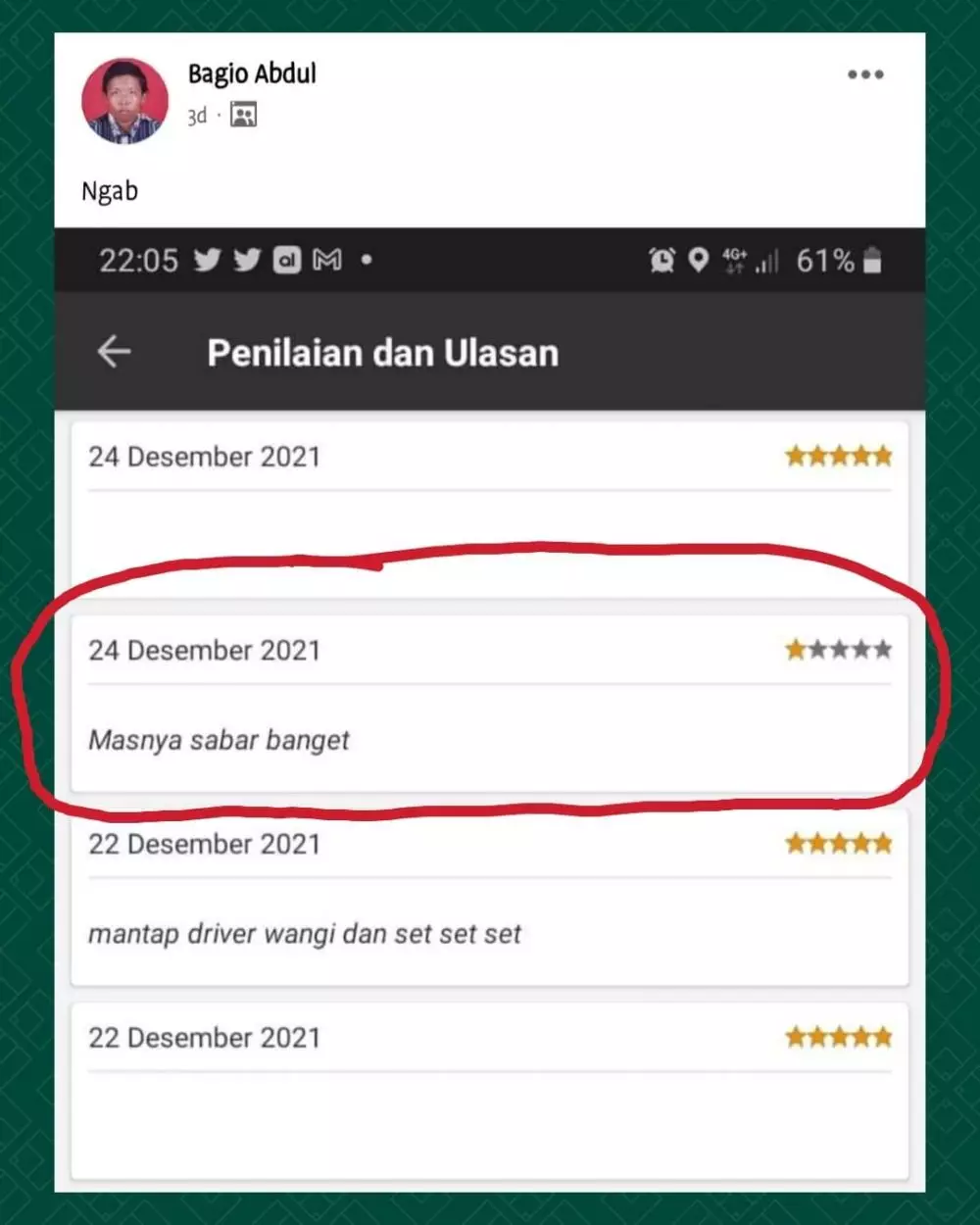 review bintang satu ke driver ojek online © Instagram review bintang satu ke driver ojek online © Instagram