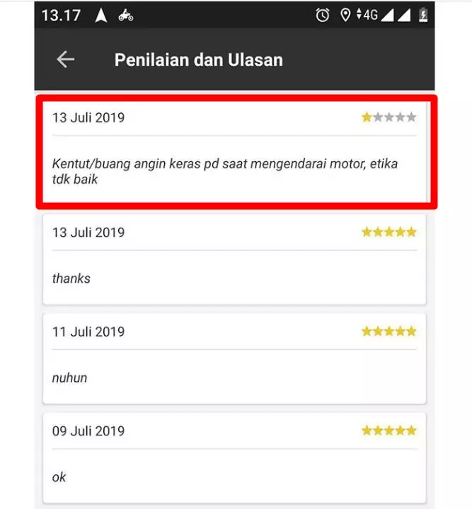 review bintang satu ke driver ojek online © Instagram review bintang satu ke driver ojek online © Instagram