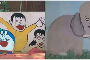 9 Gambar kartun di dinding ini bentuknya nyeleneh pol, bikin ngakak