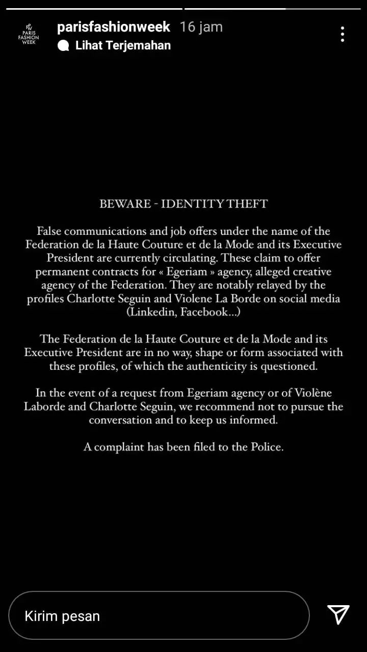 klarifikasi pihak agensi resmi paris fashion week © instagram klarifikasi pihak agensi resmi paris fashion week © instagram