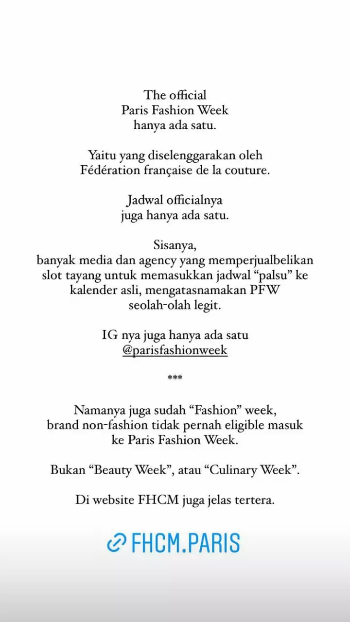 klarifikasi pihak agensi resmi paris fashion week © instagram klarifikasi pihak agensi resmi paris fashion week © instagram