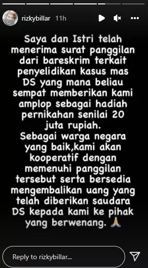reaksi Rizky Billar terkait amplop Doni Salmanan © Instagram reaksi Rizky Billar terkait amplop Doni Salmanan © Instagram