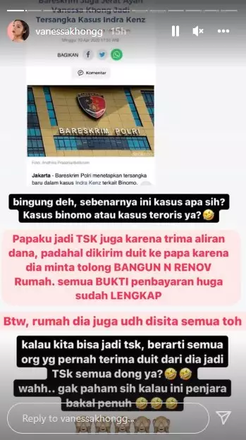 curhatan Vanessa Khong ditetapkan tersangka © Instagram