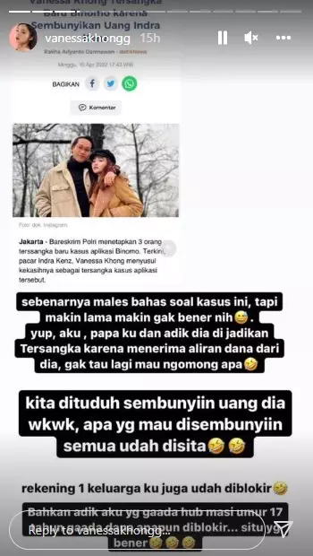 curhatan Vanessa Khong ditetapkan tersangka © Instagram