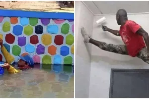 15 Aksi nyeleneh orang ngecat tembok ini bikin senam jantung