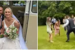 Pesta pernikahan unik, mempelai wanita main bola bareng tamu undangan