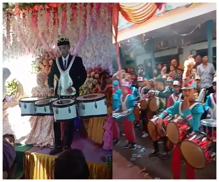 Pernikahan unik, mempelai pria nekat main drumband di tengah resepsi TikTok/@mai_bangkalan_027