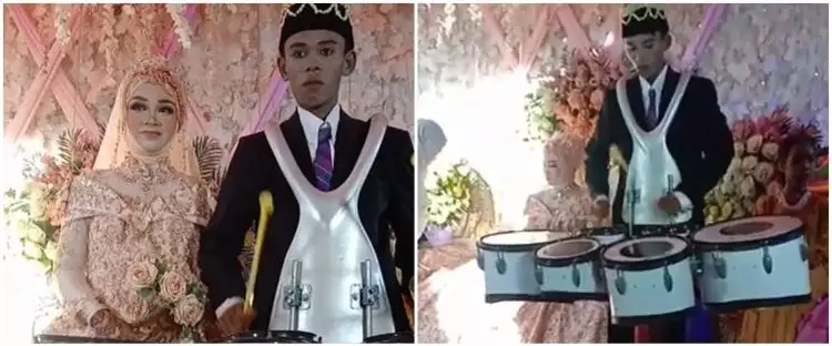 Pernikahan unik, mempelai pria nekat main drumband di tengah resepsi