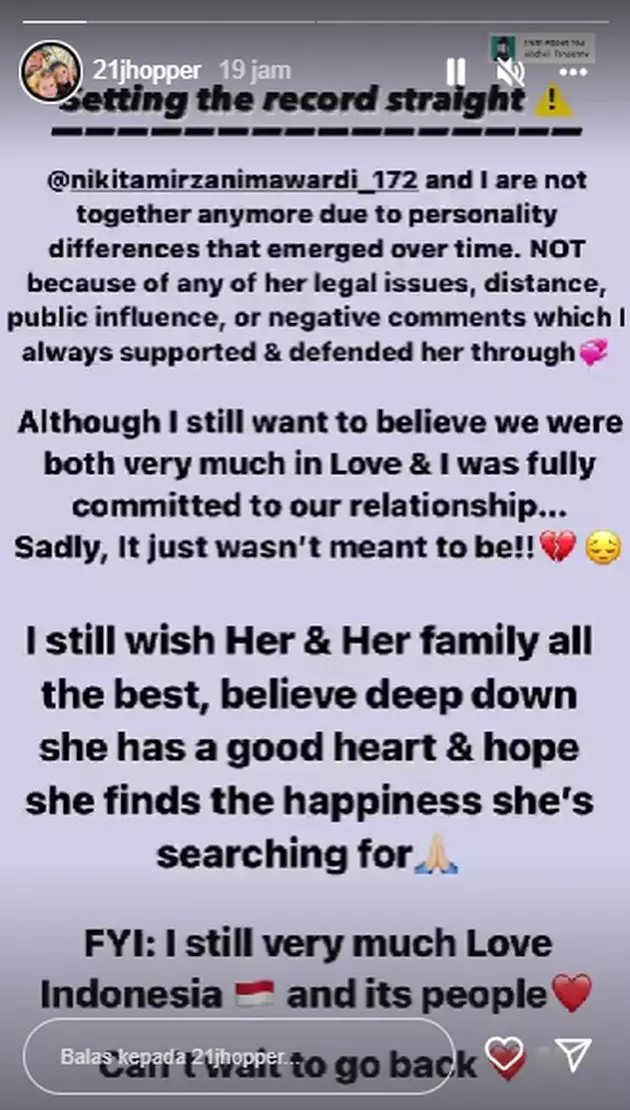 john hopkins ungkap alasan putus dari nikita mirzani © instagram
