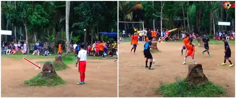 Momen unik liga sepak bola tarkam, lapangannya penuh pohon kelapa