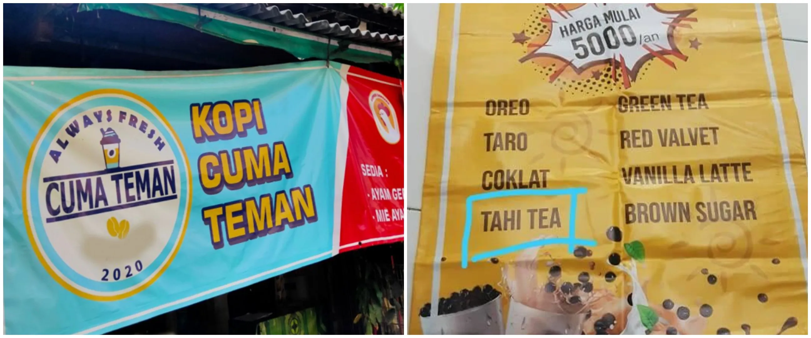 11 Tulisan kocak di spanduk dagang minuman kekinian, bikin gagal fokus