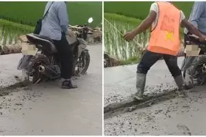 Aksi nekat bapak-bapak terobos jalan baru dicor, bikin geram