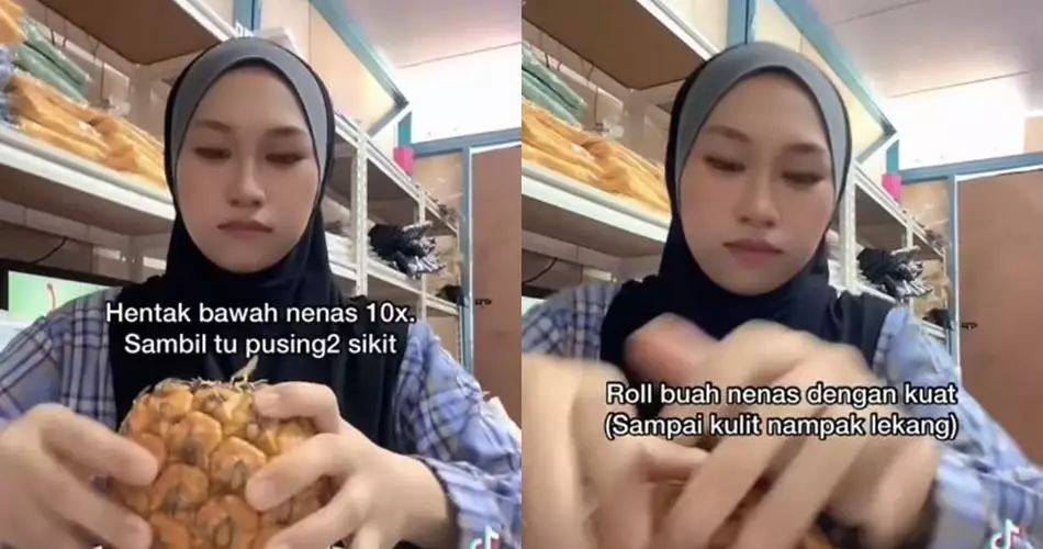 Cara kupas buah nanas tanpa pisau © TikTok