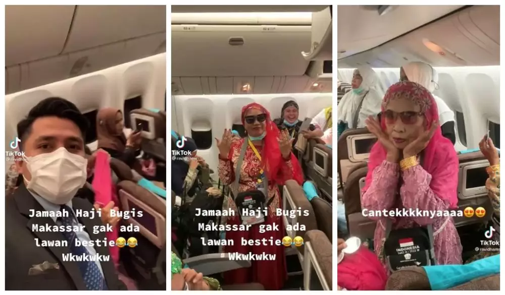 Jamaah haji Bugis pulang pakai busana adat © TikTok/@ravidhams Jamaah haji Bugis pulang pakai busana adat © TikTok/@ravidhams
