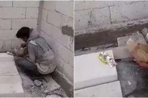 Makan nasi dicocol bungkus snack, aksi kuli bangunan ini bikin haru