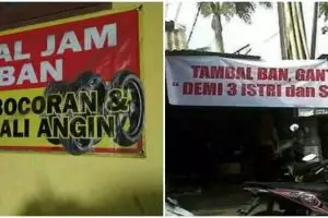 11 Tulisan lucu di spanduk tukang tambal ban ini bikin dahi berkerut