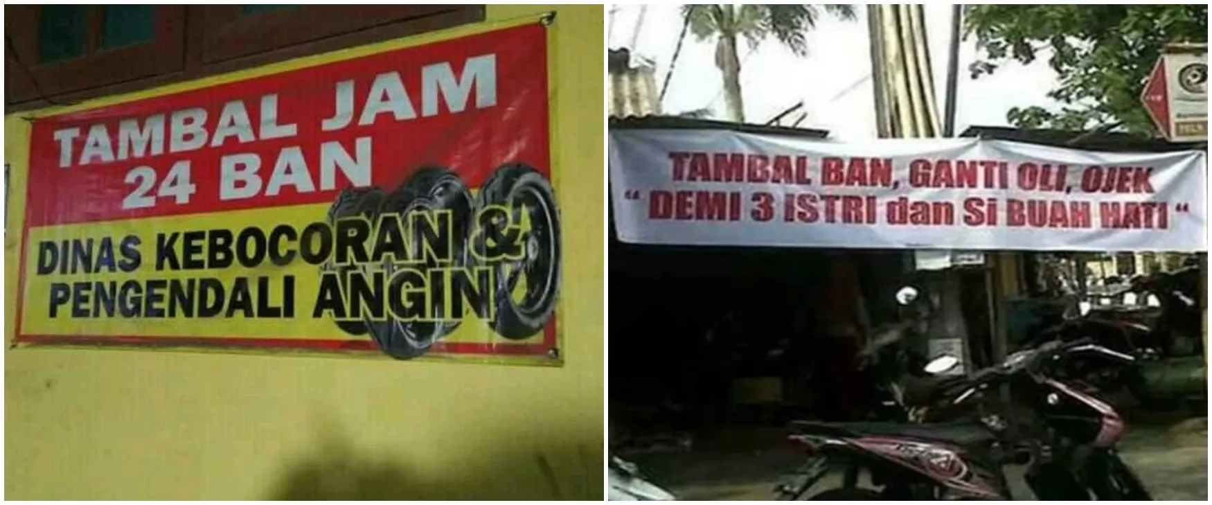 11 Tulisan lucu di spanduk tukang tambal ban ini bikin dahi berkerut