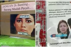 15 Peringatan lucu 'jangan dibanting' di paket, ada-ada aja