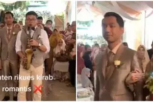 Diiringi dengan lagu Doraemon, resepsi pasangan pengantin ini unik