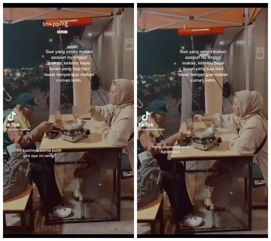 wanita ajak makan pedagang koran © TikTok/@summertwime wanita ajak makan pedagang koran © TikTok/@summertwime