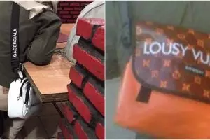 11 Tulisan lucu di tas selempang 'branded' ini bikin gagal fokus