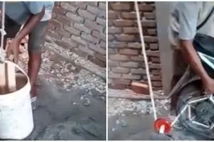 Kerja cerdas, cara kuli bangunan angkat batu bata ini bikin heran