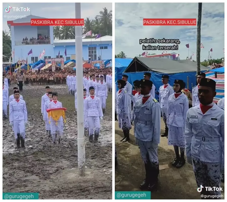 paskibra tunaikan tugas di tanah berlumpur © TikTok/@gurugegeh