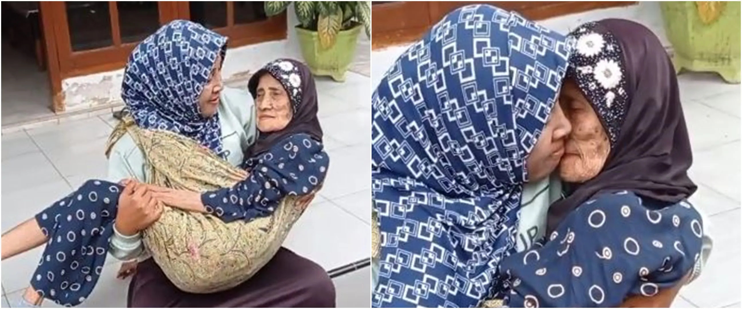 Momen haru wanita rawat ibu seperti bayi, digendong pakai kain jarik
