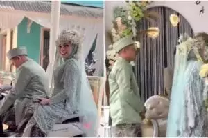 Habis jadi pengantin, pasangan ini kondangan naik motor matic
