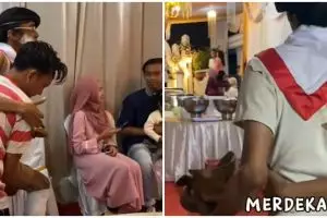 Aksi pria hadiri nikahan sahabat pakai kostum pejuang, kocak abis 